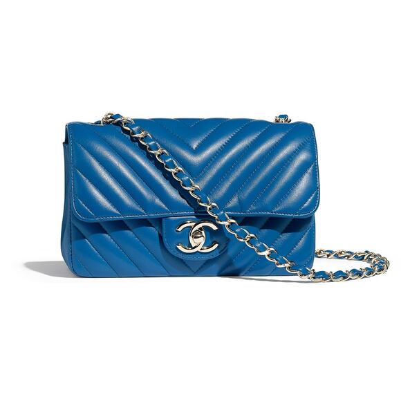 CHANEL Lambskin Leather Blue Chevron Quilted Mini Rectangular Flap Bag - Picture 1 of 5